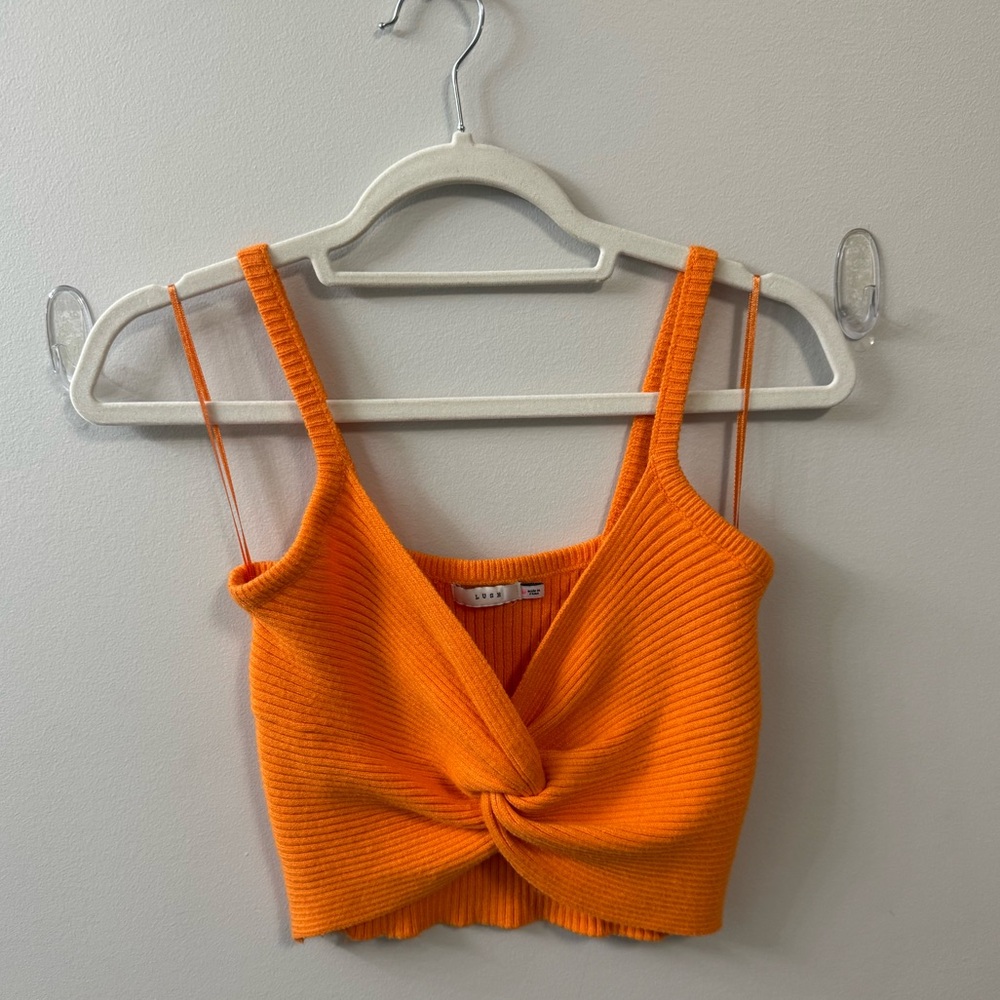 Lush Orange Ribbed Tie Front Crop Top